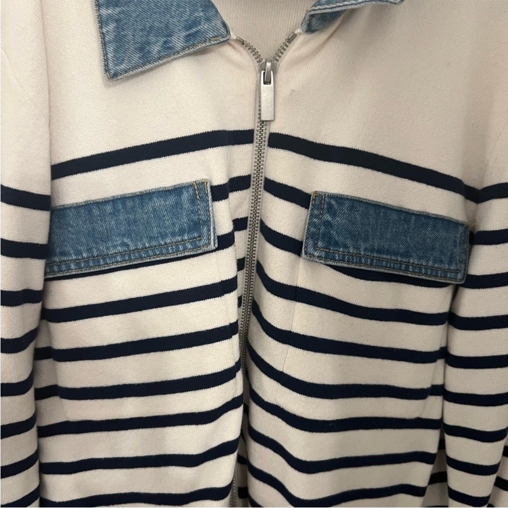 NWOT LOFT Blue and White Denim-Trim Cardigan - Picture 2 of 13